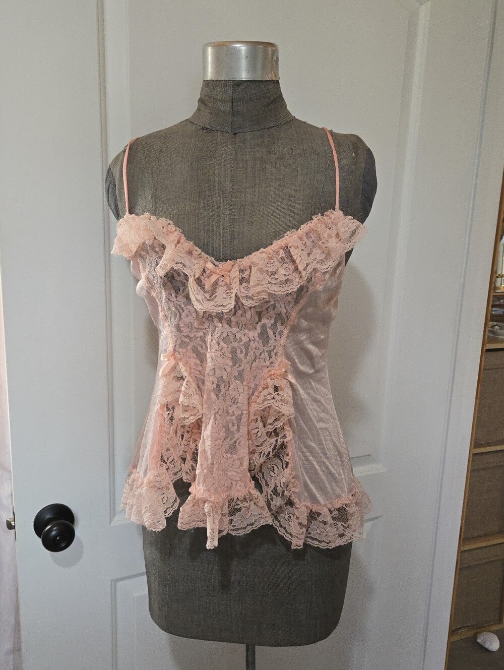 Vintage 80s Alana Gale Intimates Pink Lacey Babydoll Cami Top, SIZE M